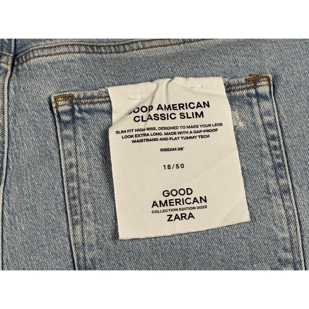 Good American x Zara Classic Slim Distressed High Rise Jeans 18/50 Blue Limited